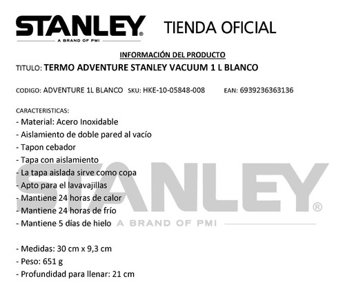 Termo Stanley Acero Inoxidable 1 Litro Adventure Vacuum