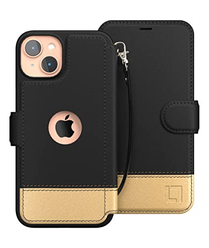 Funda Cartera Para iPhone 14 Plus 6.7 Negro & Dorado Dora-02