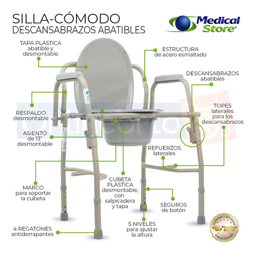 Silla Comodo Aumento Ducha Para Wc Baño 3 En 1 Medical Store