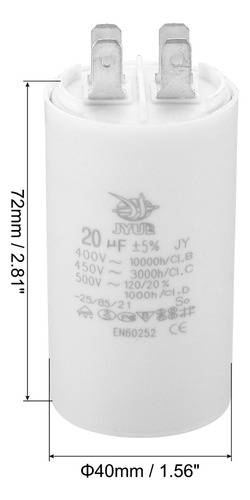 Capacitor Cbb60 Para Motor Star Ac450v 20uf 72x40mm