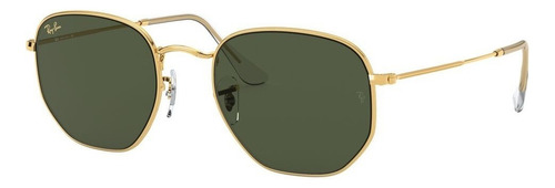 Anteojos de sol Ray-Ban I-Shape Hexagonal Large con marco de metal color polished gold, lente green de cristal clásica, varilla polished gold de metal - RB3548