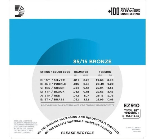 Imagen 3 de 4 de Cuerdas Guitarra Acústica D´addario Ez910 85/15 .011-.052