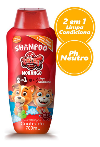 Shampoo Morango 2 Em 1 Catdog P/ Cães Gatos 700ml Ph Neutro