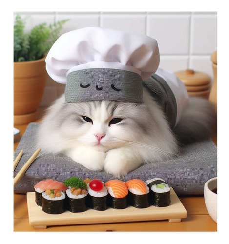 Vinilo 45x45cm Gato Sushi Con Sombrero Cheff Tabla