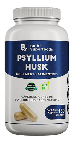Suplemento Psyllium Husk 180 Cápsulas De 500 Mg 100% Natural Sin Gluten Apto Keto | Bulk Superfoods