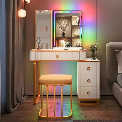 Escritorio de tocador con espejo y luces, mesa de tocador de cristal RGB  para maquillaje con estación de carga inalámbrica, tocador para niñas y