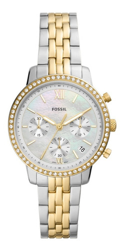 Reloj pulsera Fossil ES521 con correa de acero inoxidable color plateado/dorado - fondo plateado - bisel dorado