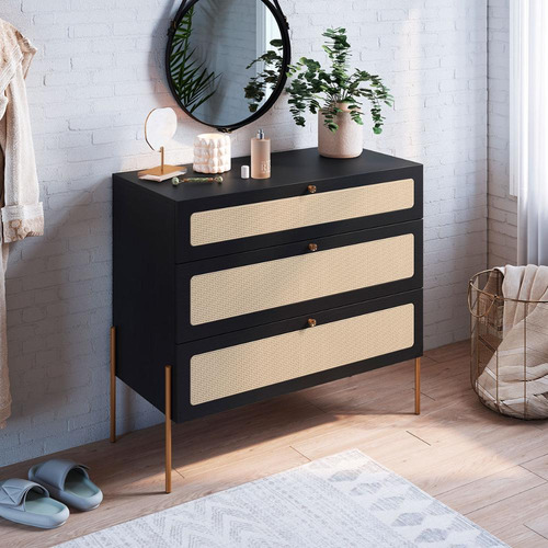 Cômoda Retrô Com Tela Sintética 3 Gavetas E Pés Em Metal Cor Nero Com Dourado
