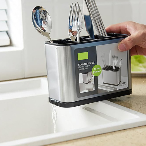 Dabeh Soporte De Utensilios De Cocina, Organizador De Encimera De Acero Inoxidable Con 4 Compartimentos, Ideal Para Escurrir Y Secar Cubiertos, Resistente Al Óxido (plateado)