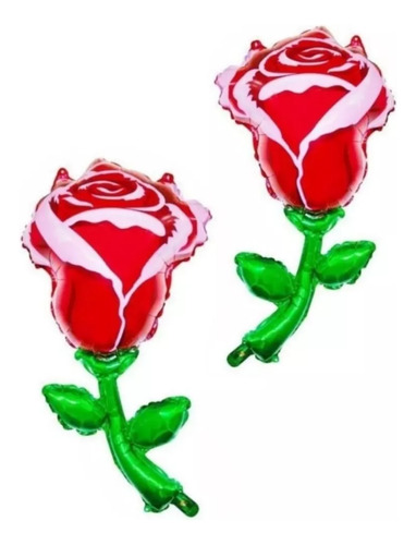 2 Globos Flor Rosa Roja Con Tallo Verde 