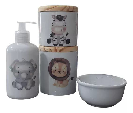 Kit Higiene Bebê Safari 4 Peças - Porcelana Tampas Pínus