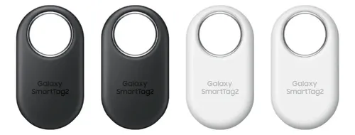 Quatro localizadores Samsung Galaxy SmartTag2, sendo dois na cor preta e dois na cor branca, dispostos lado a lado em fundo branco.