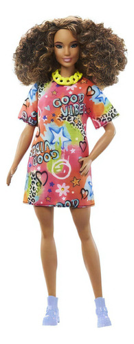 Mattel Boneca barbie fashionista cabelo cacheado vestido good vibes Básica