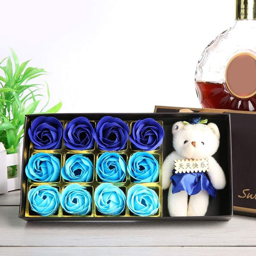 Caja De Para Novia O Mamá Con Oso Y Rosas Aromáticas Color Azul