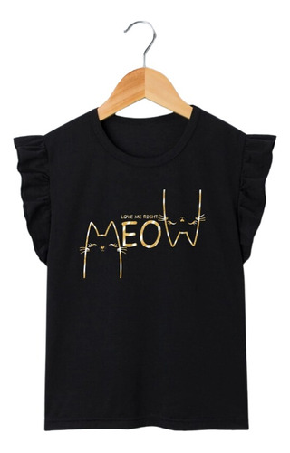 Camiseta Con Fruncido Estampado De Meow Para Niñas.