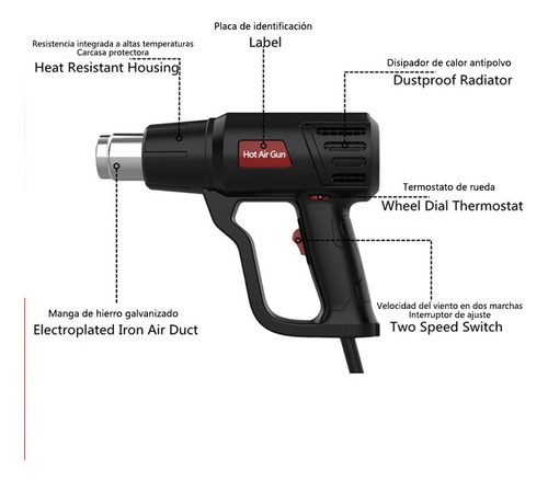 Pistola De Calor De 2000w Temperatura Regulable 6 Re-hg-02
