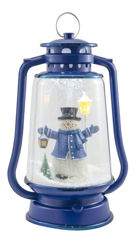 Farol Navideño Azul Muñeco De Nieve Luz Led Y Caída De Nieve