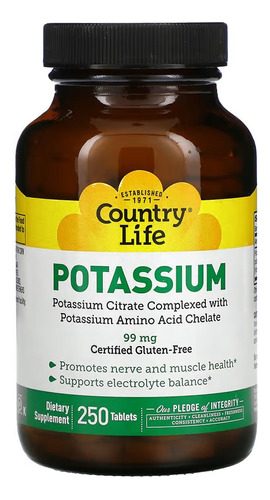 Country Life Potassium Potasio 99 Mg 250 Tabletas Sabor Sin Sabor