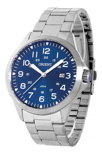 Relógio de pulso Orient Eternal MBSS1380 Corpo prateado Analógico Masculino Fundo azul Correia de aço cor prateado Agulhas cor branco e prateado Subdials de cor branco Ponteiro de minutos/segundos branco Bisel cor prateado