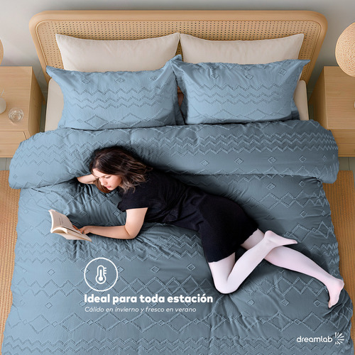 Juego de Funda Para Edredon Duvet con Textura Dreamlab, Tamaño Matrimonial, Color Azul Mezclilla