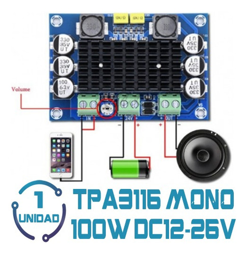 ¿amplificador Clase D Tpa3116 Mono 100w 12-26v