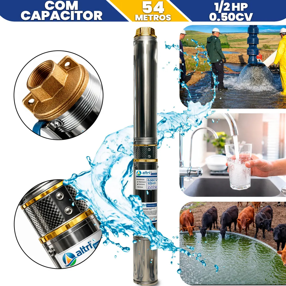 Bomba Submersa Caneta Palito 1/2hp 0,50cv 54m Poço Artesiano Caixa Cisterna 3 Pol ( Cano 100mm ) Submersível Chácara Sítio Rancho Fazenda