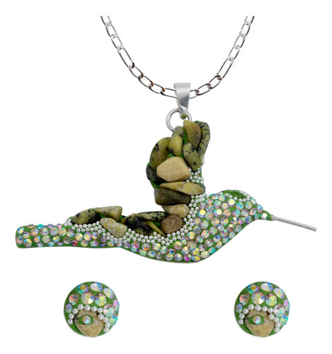 Colibri Dije Aretes Cadena Piedras Conjunto Grande Plata 925 Color Verde