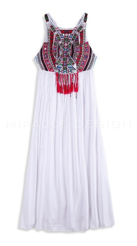 Vestido Largo Blanco Manga Sisa Floral Tribal Boho Casual Be
