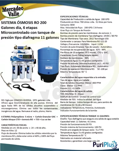 Filtro de agua ósmosis inversa 800 Galones día 5 etapas con Luz uv 6w  PuriPlus c 