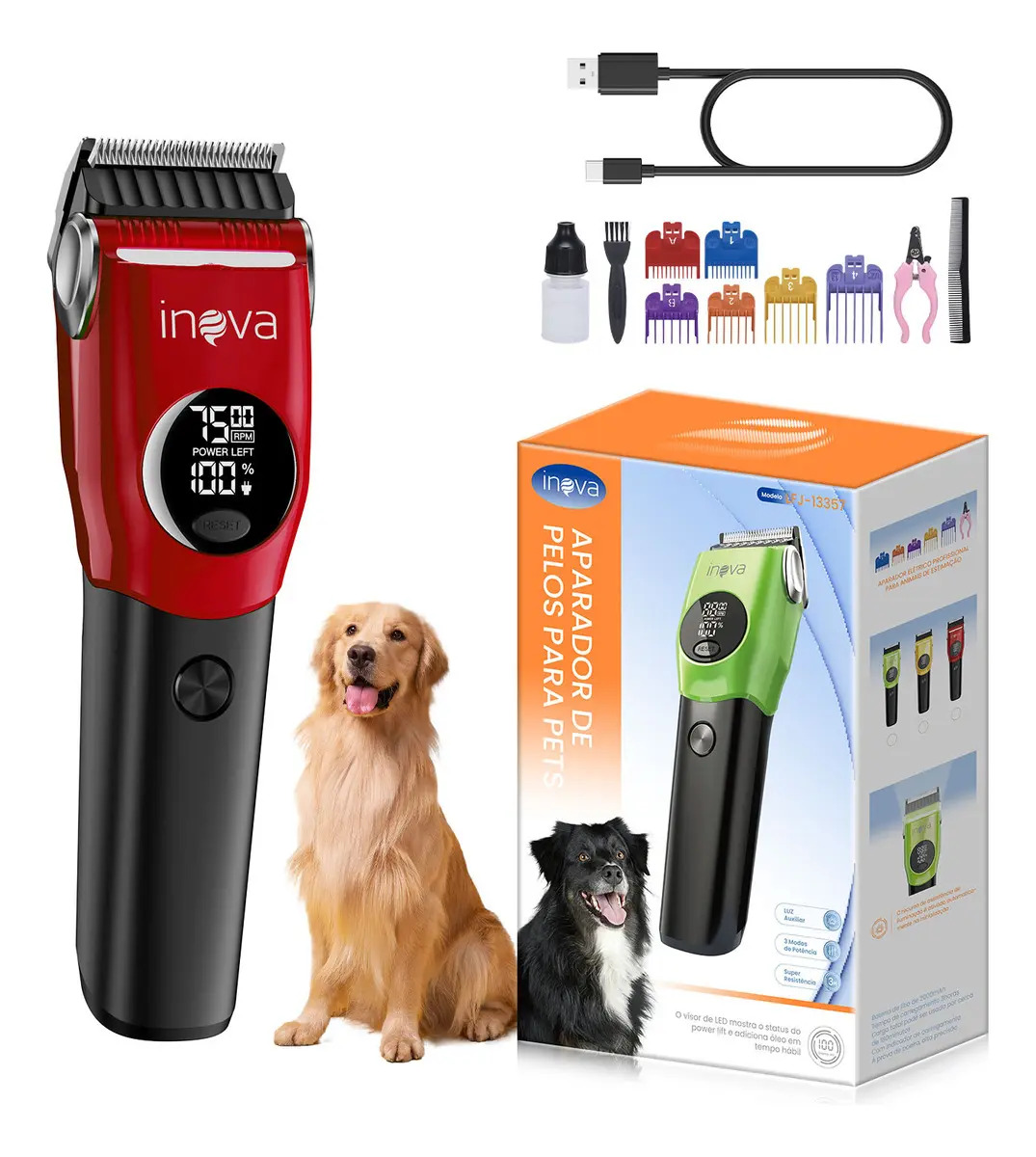 Máquina de Tosa Profissional Sem Fio para Cães e Gatos, Silenciosa e Recarregável Bivolt Com Kit de Acessórios