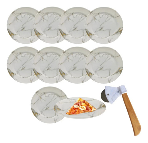 10 Pratos Rasos 25cm Decoração Marmorizado+cortador De Pizza