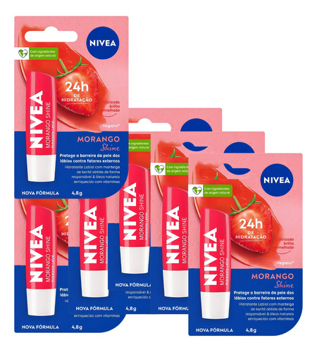 Kit 6 Hidratante Nivea Labial Morango Shine 4,8g