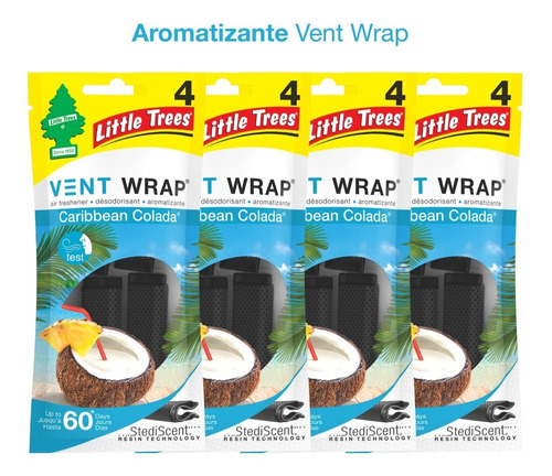 Vent Wrap  Aromatizante Para Auto 4 Piezas Aromas Caribbean Colada