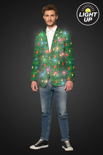 Traje Verde Con Estampado Navideño Y Saco Con Luz Real