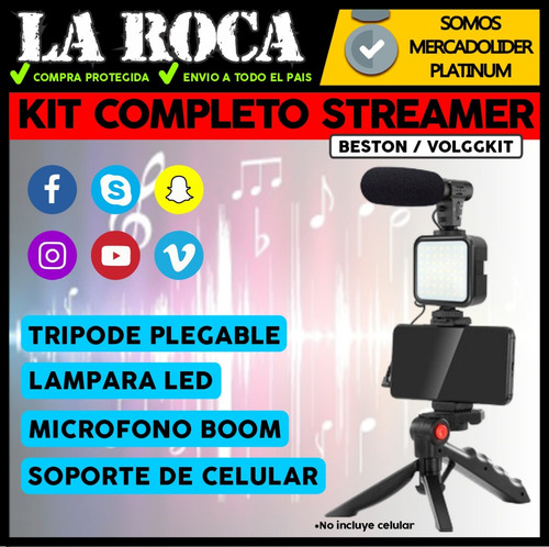 Imagen 3 de 10 de Kit Iluminacion Tripode Microfono Luz Led Stream Vlog Cuotas