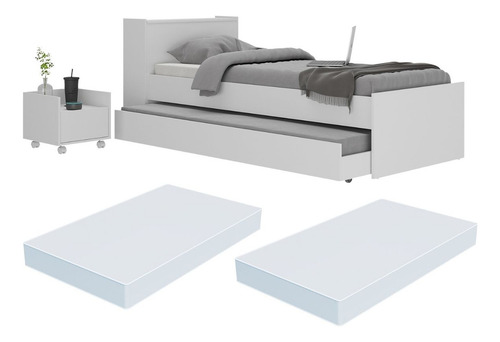 Conjunto Quarto Bicama com Colchão e Baú/Mesa de Cabeceira Multimóveis MP4223 Cor Branco