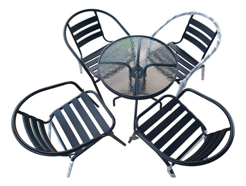 Mesa 60cm Vidrio Y 2 Sillas De Aluminio Apilables C/apoyabra Negro