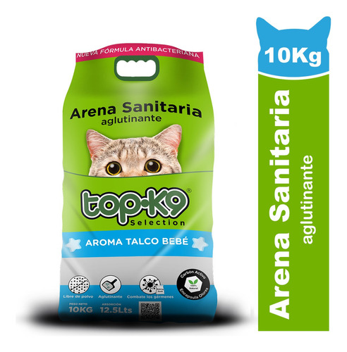 Arena Anti bacteria C/Carbón Activo Aglutinante Topk9 10kg Aroma Talco De Bebé x 10kg de peso neto