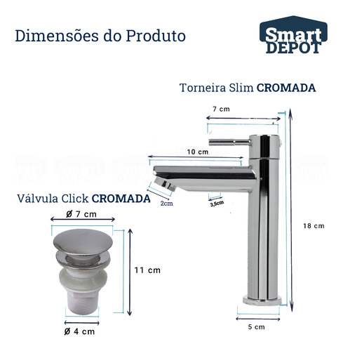 Kit Cuba Smart Louça + Torneira Slim + Válvula Click