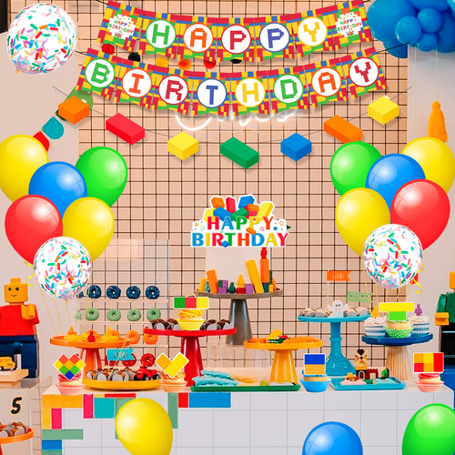 Juego de decoración para fiestas con bloques de construcción, 53 pcs para decoración de fiestas banners, globos, adornos para pasteles color multicolor