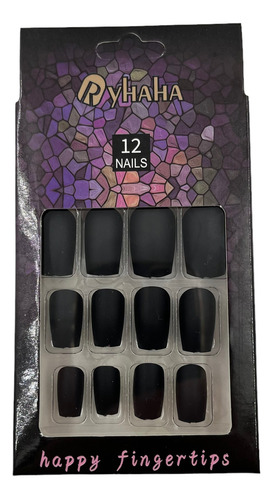 Pack 12 Uñas Postizas Cortas Negro Mate + Stickers Adhesivos