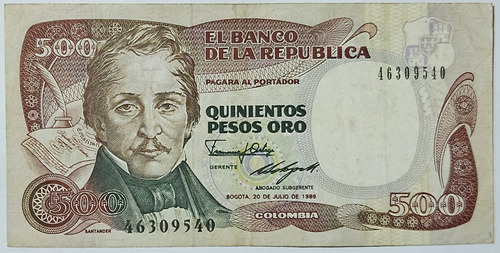 Billete 500 Pesos 20/jul/1989 Colombia Vf-xf