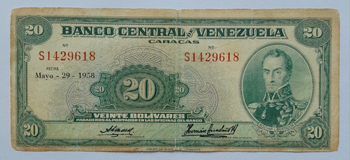 Billete De 20 Bolivares De Venezuela, Año 1958. Estado Bueno