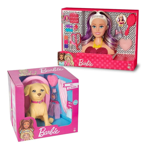 Kit Barbie Busto Penteados + Cachorro Pet Shop Banho