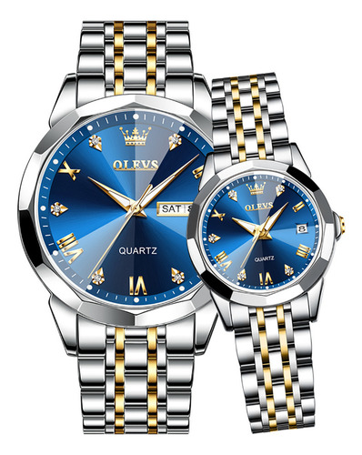 Reloj De Pareja Olevs Con Calendario De Cuarzo Inoxidable, 2 Fondo Silver Gold Blue