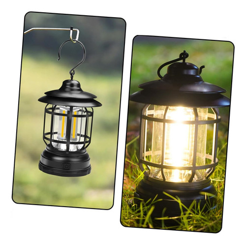 Farol Retro Decorativa Luz De Emergencia Recargable Usb C Color Negro