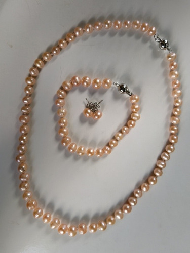 Conjunto Colar +pulseira + Brincos De Perolas Naturais Rosa