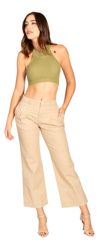 Pantalon Recto Tiro Alto Color Caqui Jeanswest