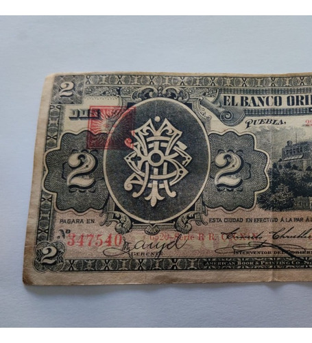 Billete 2 Peso Banco Oriental De Mexico 1914 (Usado)