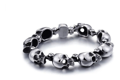 Pulsera 8 Calaveras Acero Inoxidable Acabado Brilloso Biker Largo 20 Cm